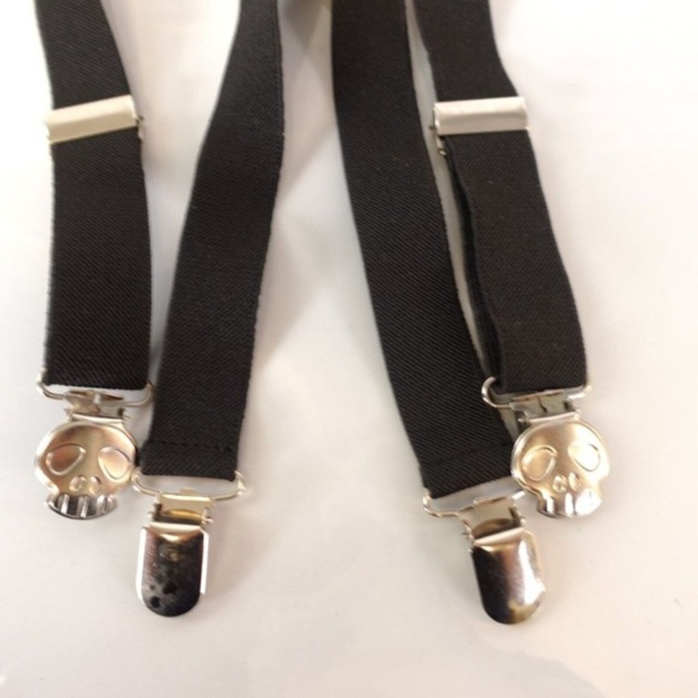 Suspender Boy Black Adjustable Stretch X Back Halloween Silver Skull Clip - Picture 2 of 5